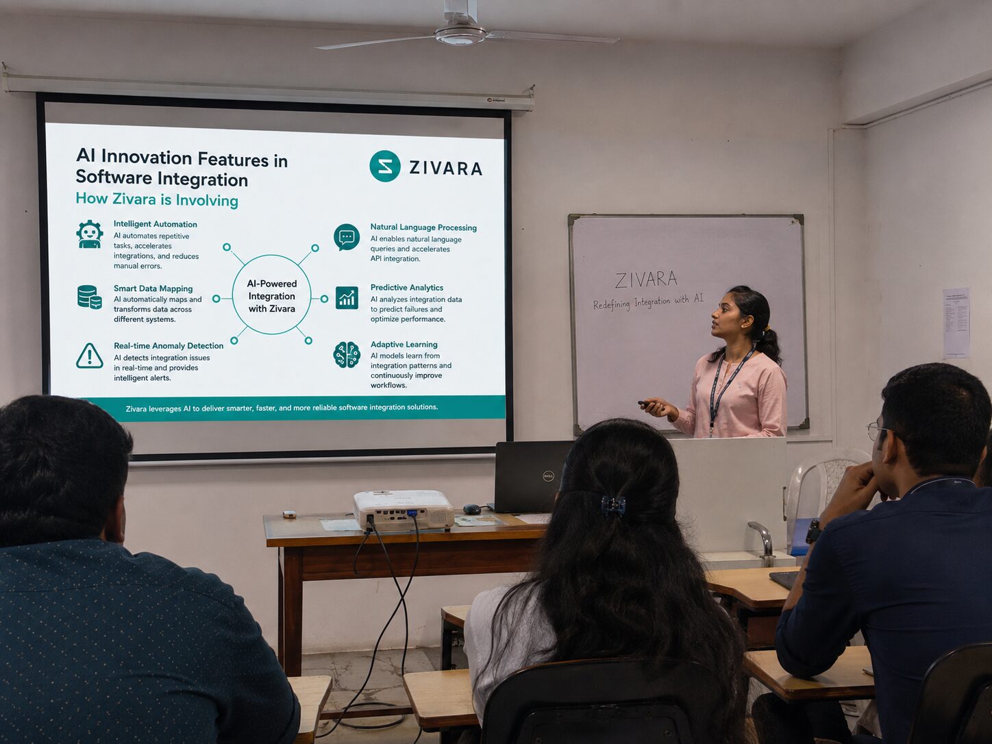A ZIVARA team member presenting 'AI Innovation Features in Software Integration — How Zivara is Innovating' to a live audience